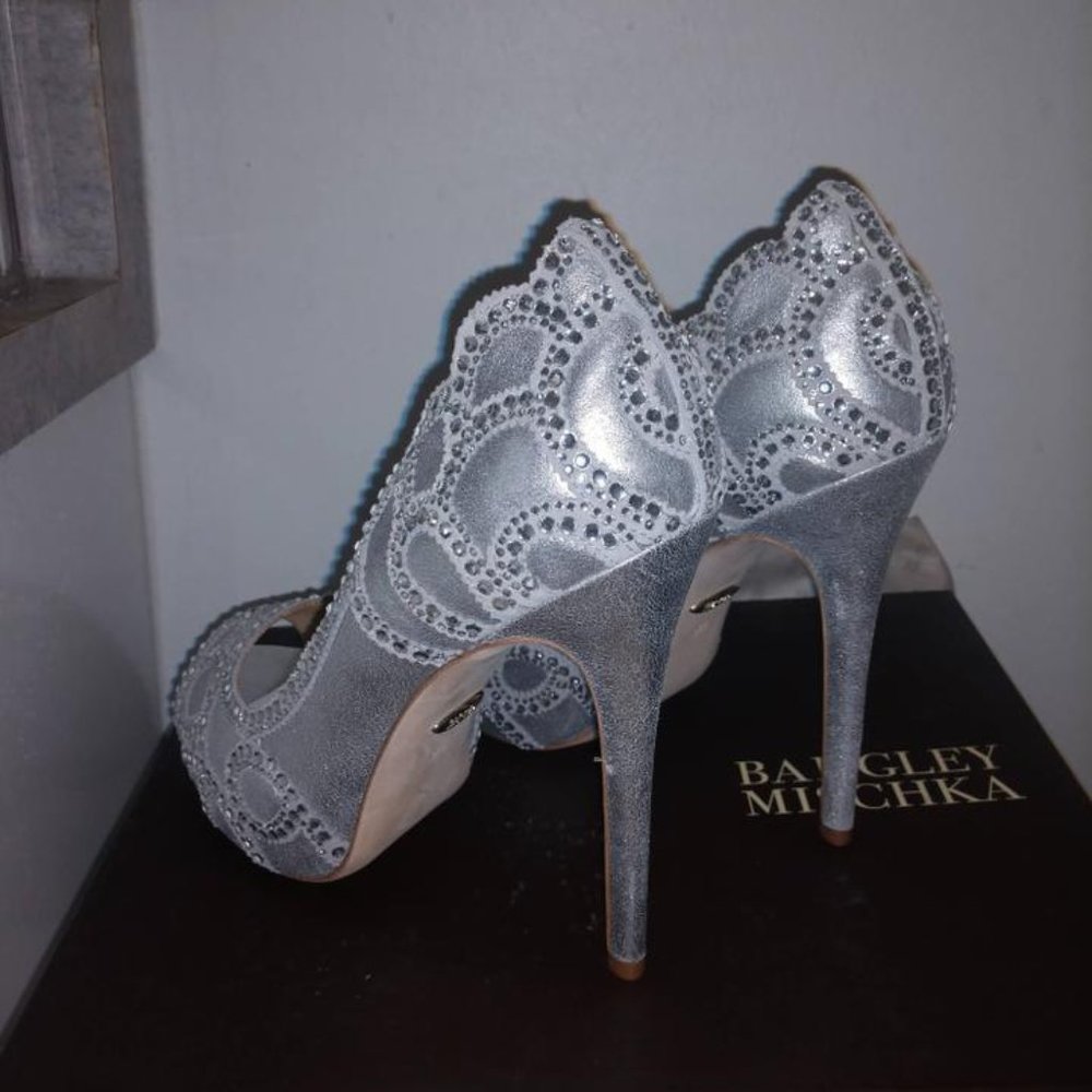Badgley Mischka Karma Ii Embellished Shimmer-suede Pump Platforms - Picture 10 of 13